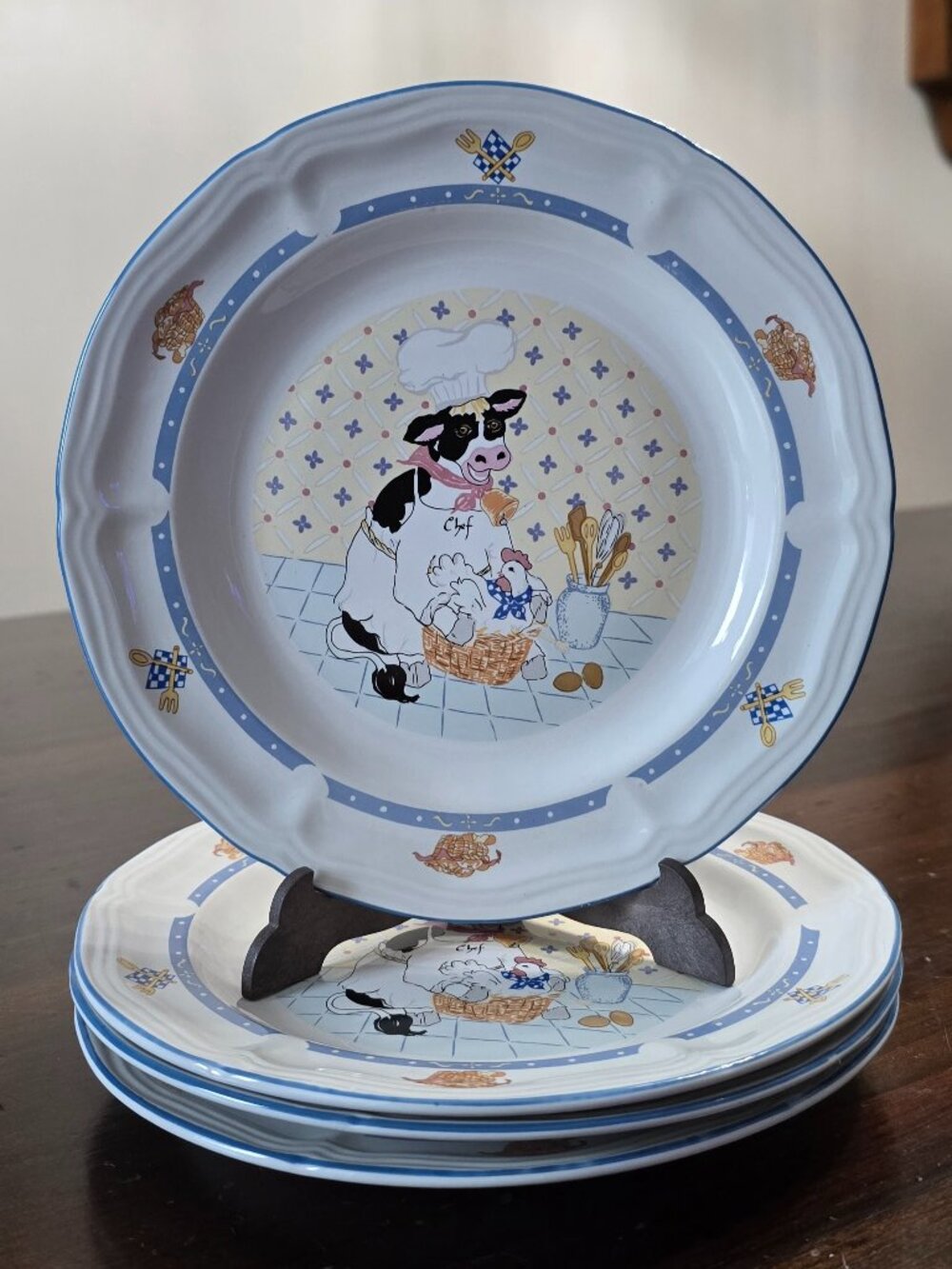 Vintage 1994 Newcor Kitchen Kow Stoneware Salad Plates - Set of 4 Cow Chef